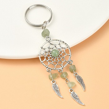 Natural Green Aventurine Chip Keychain, with Tibetan Style Pendants and 316 Surgical Stainless Steel Key Ring, Woven Net/Web with Feather, 107mm, Pendant: 82x28x7mm
