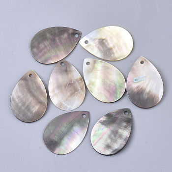 Black Lip Shell Pendants, teardrop, Gray, 30x20x1~2mm, Hole: 2mm
