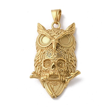 Vacuum Plating 304 Stainless Steel Big Pendants, Owl with Skull Charms, Golden, 51.5x32x11mm, Hole: 9x5mm