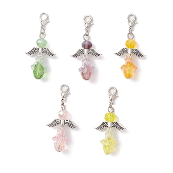 5Pcs Glass Pendant Decorations, with Zinc Alloy Lobster Claw Clasps, Angel, Platinum, Mixed Color, 47mm