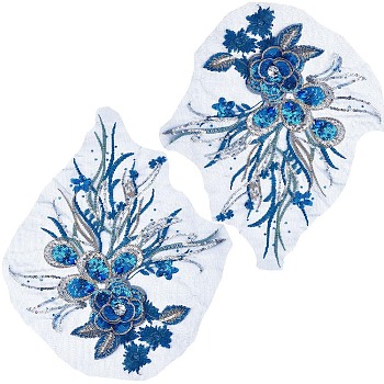 3D Flower Polyester Embroidery Sew on Flower Appliques, with Paillettes & Acrylic Rhinestones, Sewing Craft Decoration for Wedding Dress, Cheongsam, Medium Blue, 350~400x270~290x6.5mm