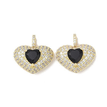 Rack Plating Brass Pendants, With Clear Cubic Zirconia, Long-Lasting Plated, Lead Free & Cadmium Free, Real 18K Gold, Heart, Black, 20.5x20.5x10.5mm, Hole: 4mm