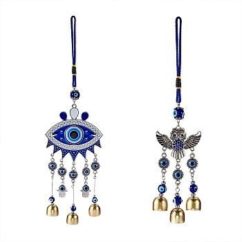 2Pcs 2 Style Car Hanging Alloy Glass Rhinestone Wind Chime, with Evil Eye Resin Beads, Mixed Color, 282mm