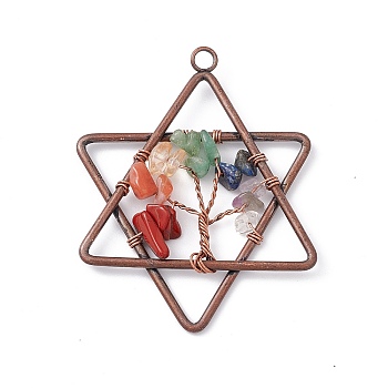 7 Chakra Pentagram Natural Mixed Stone Copper Wire Wrapped Chip Big Pendants, Tree of Life Charm, with Red Copper Tone Iron Findings, 55x43x8mm, Hole: 3.6mm
