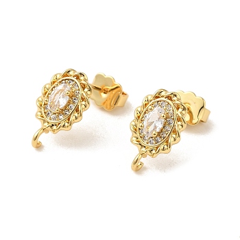Rack Plating Brass Oval Stud Earrings Findings, with Clear Cubic Zirconia, Long-Lasting, Lead Free & Cadmium Free, Real 18K Gold Plated, 14.5x9.5mm, Hole: 1.6mm, Pin: 0.7mm