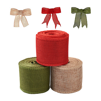 3 Rolls 3 Colors Polyester Imitation Linen Wrapping Ribbon, Wired Plaid Ribbon, for Crafts Decoration, Floral Bows Craft, Mixed Color, 2-3/8 inch(60mm), 5m/roll, 1roll/color