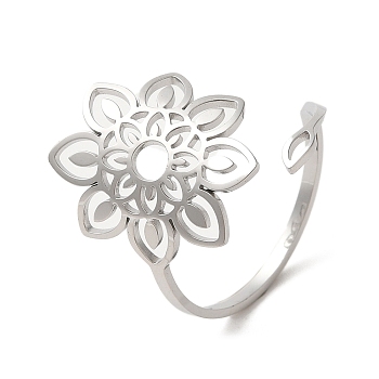 304 Stainless Steel Open Cuff Ring, Hollow Flower, Stainless Steel Color, Inner Diameter: 20mm