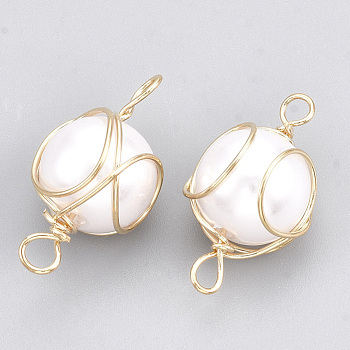 Brass Links connectors, Real 18K Gold Plated, with ABS Plastic Imitation Pearl, Round, White, 19x11x10.5mm, Hole: 2.5mm