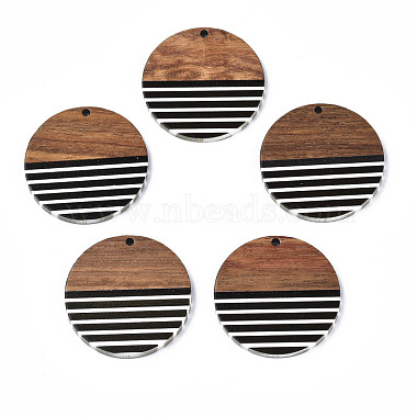 Black Flat Round Resin+Wood Pendants