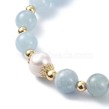 Natural Aquamarine & Pearl Beaded Stretch Bracelet(BJEW-JB09360-03)-4