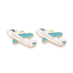 Alloy Enamel Pendants, Plane with Word Take Me Far Way, Light Gold, WhiteSmoke, 18x29x1.5mm, Hole: 1.8mm(FIND-B007-04LG)