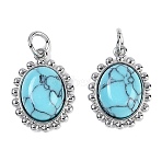 Synthetic Turquoise Oval Pendants, Brass Oval Charms with Jump Rings, Platinum, 16x12x5mm, Hole: 3mm(KK-U043-46P-B)