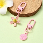 Spray Painted Alloy Pendant Decorations, with Alloy Swivel Snap Hooks Clasps, Flower & Flat Round, Pink, 55~74mm, 2pcs/set(HJEW-YW00024-04)