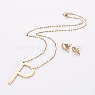 304 Stainless Steel jewelry Sets, Stud Earring and Pendant Necklaces, Alphabet, Golden, Letter.P, 18.7 inch~20.2 inch(47.5~51.3cm), 15x7~12mm, Pin: 0.8mm(SJEW-L141-001P)