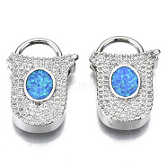 Hollow Filigree Brass Micro Pave Clear Cubic Zirconia Pendants, with Shell, Nickel Free, Lock Shape, Platinum, Dodger Blue, 24.5x16x5mm, Hole: 8x4.5mm(ZIRC-S067-073A-P-NF)