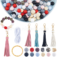 DIY Leopard Pattern Keychain Making Kit, Including Polygon & Round Silicone & Unfinished Wood Beads, PU Leather Tassel Pendants, Iron Split Key Rings, Mixed Color, 104Pcs/bag(DIY-SC0022-43)