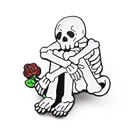Sad Skeleton with Rose Enamel Pin, Electrophoresis Black Plated Alloy Halloween Badge for Backpack Clothes, White, 30.5x25.5x1.5mm(JEWB-C015-01EB)