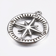 316 Surgical Stainless Steel Pendants, with Rhinestone, Compass, Antique Silver, 24x21x2mm, Hole: 1.5mm(STAS-K157-38AS)