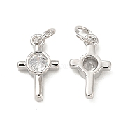 Brass Micro Pave Cubic Zirconia Charms, Religion Cross Charm, with Jump Ring, Platinum, 14x8.5x3mm, Hole: 3.3mm(KK-E068-VB239)