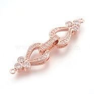 Brass Cubic Zirconia Fold Over Clasps, Lead Free & Nickel Free, Clear, Rose Gold, 43x10x5mm, Hole: 1mm(ZIRC-F013-01RG-FF)