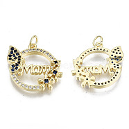 Real 16K Gold Plated Brass Micro Pave Cubic Zirconia Pendants, with Jump Ring, for Mother's Day, Cadmium Free & Nickel Free & Lead Free, Flat Round with Butterfly & Word Mom, Blue, 20x20x3mm, Jump Ring: 5x0.6mm, inner diameter: 3mm(KK-S061-72A-G-NR)