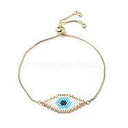 Japanese Seed Braided Rhombus with Evil Eye Link Slider Bracelet, Cubic Zirconia Tiny Charms Adjustable Bracelet with Brass Box Chains for Women, Eye Pattern, Inner Diameter: 5/8~3 inch(1.5~7.6cm)(BJEW-MZ00001-02)
