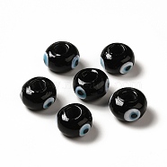 Handmade Evil Eye Lampwork Beads, Rondelle, Black, 13~14.5x13.5~15x8~9mm, Hole: 4.5mm(LAMP-A153-08-02)