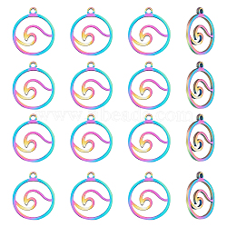 16Pcs 201 Stainless Steel Charms, Laser Cut, Ring with Waved, Rainbow Color, 14x12x1mm, Hole: 1.2mm(STAS-UN0044-63)