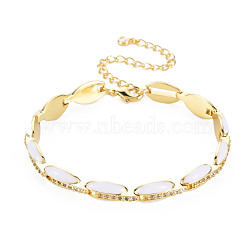 Brass Micro Pave Cubic Zirconia Link Chain Bracelet for Women, Enamel Oval Bracelets, Nickel Free, Real 18K Gold Plated, White, 6-7/8 inch(17.5cm), 7mm(BJEW-T020-05G-08)