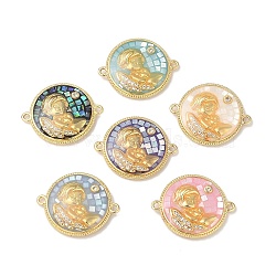 Epoxy Resin & Shell Connector Charms, Rack Plating Brass Pave Clear Cubic Zirconia Flat Round Links, 18K Gold Plated, Mixed Color, Long-lasting Plated, Cadmium Free & Lead Free, Boy, Human, 22x18x4mm, Hole: 1.2mm(KK-K380-11A-G)