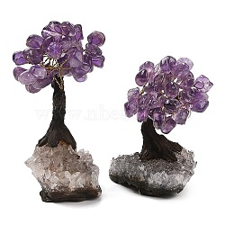 Natural Amethyst Chips Tree Sculpture, Amethyst Cluster Base Copper Wire Feng Shui Energy Stone Gift for Home Desktop Decoration, 54~70x48~60x120~130mm(DJEW-K026-01A)