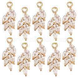 10Pcs Brass Micro Pave Clear Cubic Zirconia Pendants, Leaf Charm, Light Gold, 17x7x3.5mm, Hole: 1.2mm(ZIRC-BC0001-22)