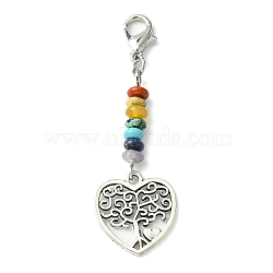 Alloy Tree of Life Pendant Decorations, with Chakra Gemstone Bead and Zinc Alloy Lobster Claw Clasps, Heart, 54mm(HJEW-JM01383-03)