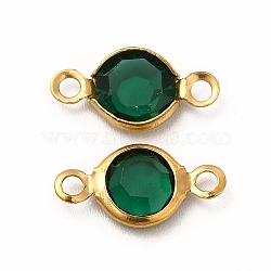 Ion Plating(IP) 304 Stainless Steel with Glass Connector Charms, Flat Round Links, Real 18K Gold Plated, Sea Green, 12.5x7x2mm, Hole: 1.5mm(STAS-G305-08G-07)