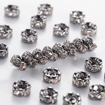 Brass Rhinestone Spacer Beads, Grade AAA, Wavy Edge, Nickel Free, Gunmetal, Rondelle, Crystal, 4x2mm, Hole: 1mm