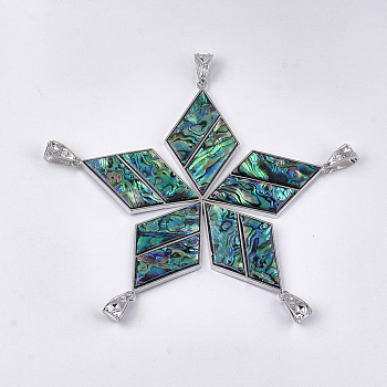 Abalone Shell/Paua Shell Pendants, with Resin Bottom and Alloy Findings, Rhombus, Platinum, 73.5~74x41.5~42x5~5.5mm, Hole: 6.5x14.5mm