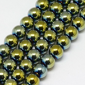 Electroplate Non-magnetic Synthetic Hematite Beads Strands, Round, Grade A, Green Plated, 4mm, Hole: 1mm, about 100pcs/strand, 16 inch