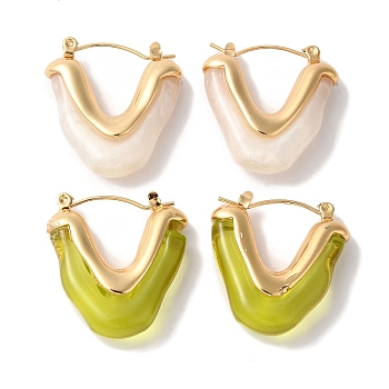 Golden Ion Plating(IP) 304 Stainless Steel Hoop Earrings for Women, with Resin, V-Shaped, Mixed Color, 25x24.5mm