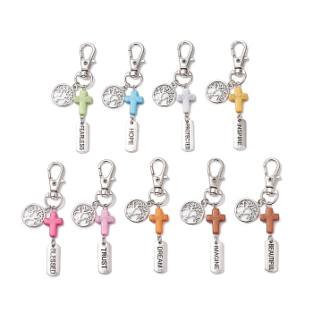 Acrylic Cross Pendant Decoration, with Alloy Swivel Lobster Claw Clasps and Alloy Pendants, Tree of Life, Mixed Color, 75mm