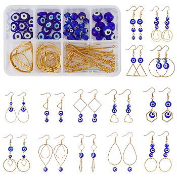 DIY Evil Eye Earring Making Kits, Including Alloy Linking Rings, Brass Links & Earring Hooks, Round Handmade Lampwork Beads, Golden, 150pcs/box