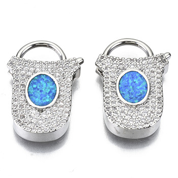 Hollow Filigree Brass Micro Pave Clear Cubic Zirconia Pendants, with Shell, Nickel Free, Lock Shape, Platinum, Dodger Blue, 24.5x16x5mm, Hole: 8x4.5mm
