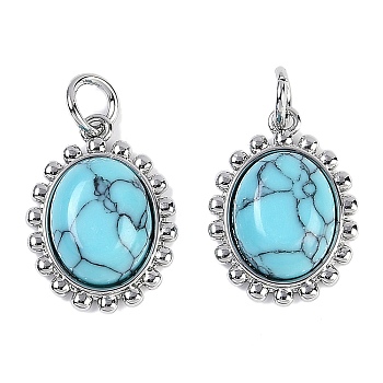 Synthetic Turquoise Oval Pendants, Brass Oval Charms with Jump Rings, Platinum, 16x12x5mm, Hole: 3mm