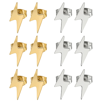 6 Pairs 2 Colors 304 Stainless Steel Stud Earrings, Lightning Bolt, Mixed Color, 11.5x4.5mm, 3pairs/color