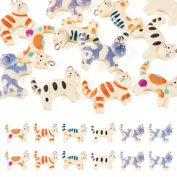 12Pcs Opaque Resin Pendants, Cat, with Platinum Iron Loop, Mixed Color, 23.5x29.5x8.5mm, Hole: 1.8mm