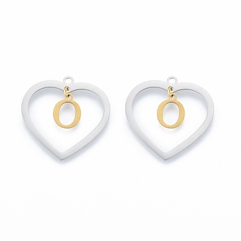 201 Stainless Steel Pendants, Hollow, Heart with Letter A~Z, Real Gold Plated & Stainless Steel Color, Letter.O, 29x29.5x1mm, Hole: 2mm, A~Z: 12x8~10.5x1mm