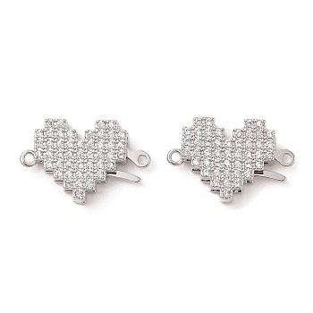 Brass Micro Pave Clear Cubic Zirconia Hook and S-Hook Clasps, Heart, Real Platinum Plated, 17.5mm, Hole: 1.1mm