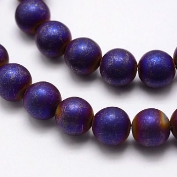 Electroplate Non-magnetic Synthetic Hematite Beads Strands, Matte Style, Round, Purple Plated, 8mm, Hole: 1.5mm, about 50pcs/strand, 15.7 inch