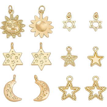 BENECREAT 24Pcs 6 Style Alloy Pendants, Long-Lasting Plated, with Jump Ring, Mixed Shapes, Real 18K Gold Plated, 4pcs/style