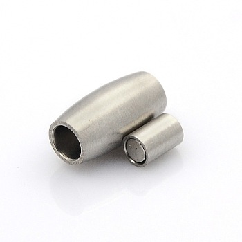 304 Stainless Steel Matte Surface Magnetic Clasps with Glue-in Ends, Barrel, Stainless Steel Color, 14x7mm, Hole: 3mm