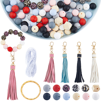 DIY Leopard Pattern Keychain Making Kit, Including Polygon & Round Silicone & Unfinished Wood Beads, PU Leather Tassel Pendants, Iron Split Key Rings, Mixed Color, 104Pcs/bag